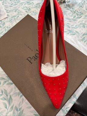 Linea Paolo Red Studded Pointed-Toe Pump